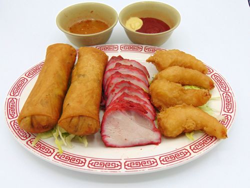 108. Assorted Pleasures (Spring Roll, Fried Shrimp, and BBQ Pork)